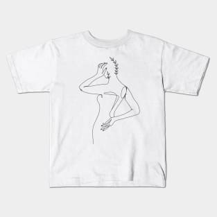 Minimal Woman line art. Woman body with branch of leaves. Kids T-Shirt